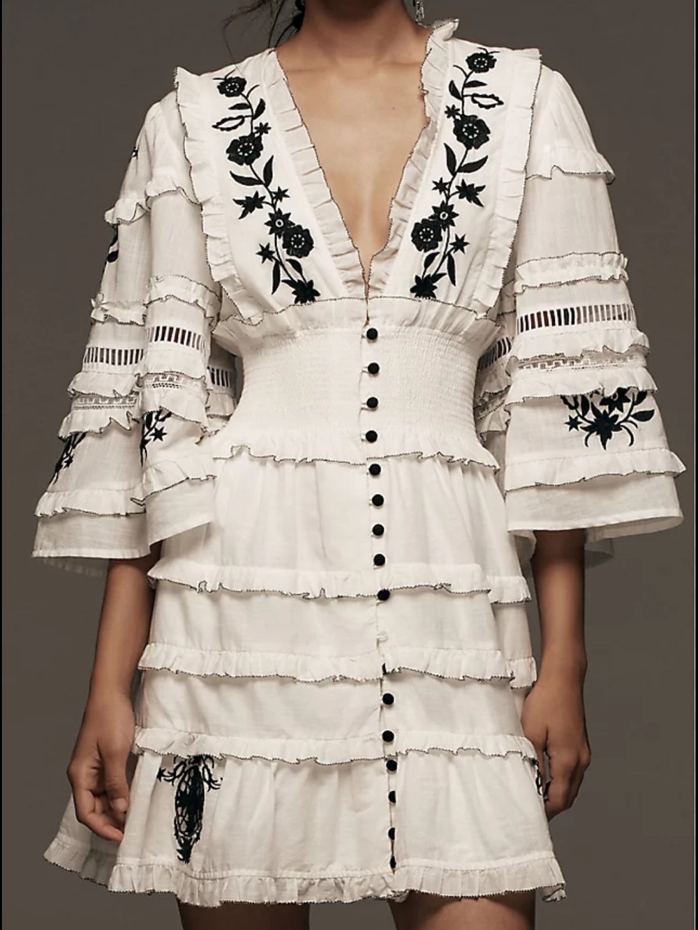 ANTHROPOLOGIE Embroidered Ruffled Mini Dress Sz L White Cotton Floral Boho VNeck - Picture 1 of 11